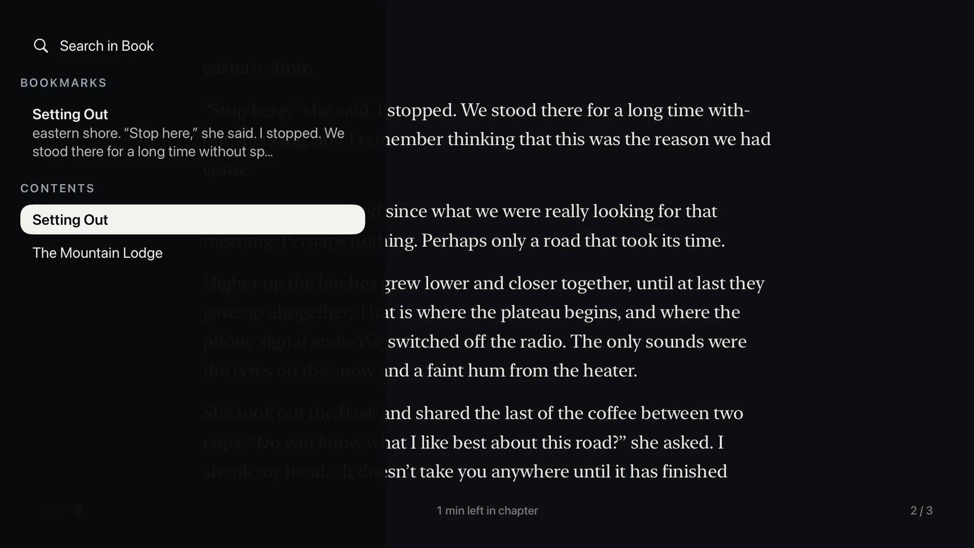The panel in the e-book reader, with Search in Book, a bookmark and the table of contents
