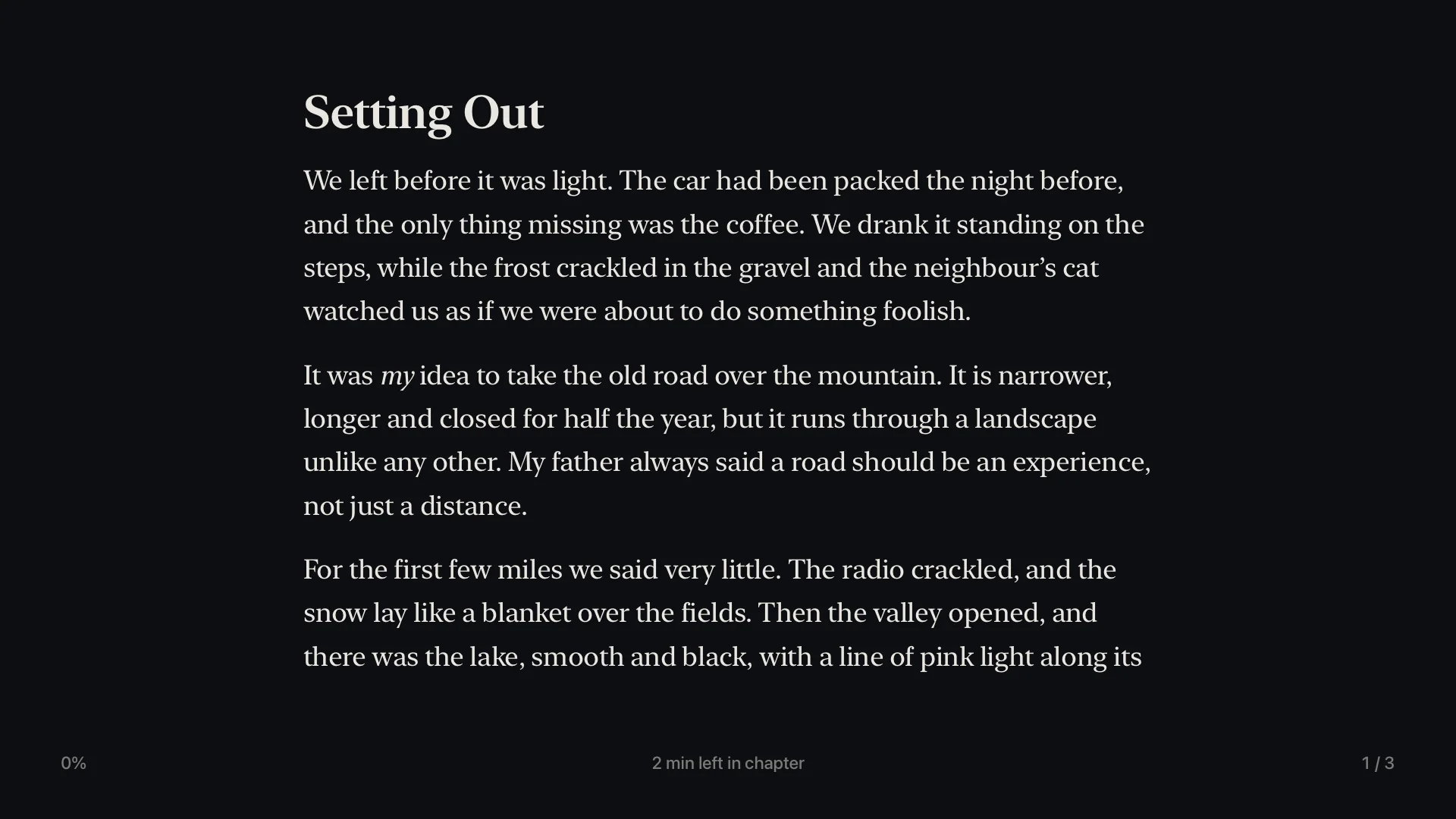 An e-book on Apple TV: the first page of a chapter, set as one column of large type