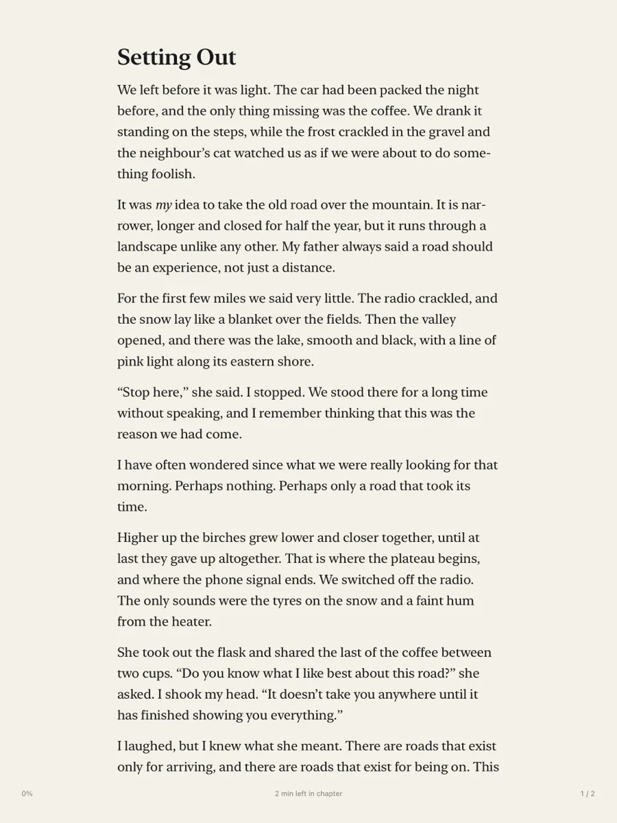 An e-book on iPad, set as one column in a typeface made for reading
