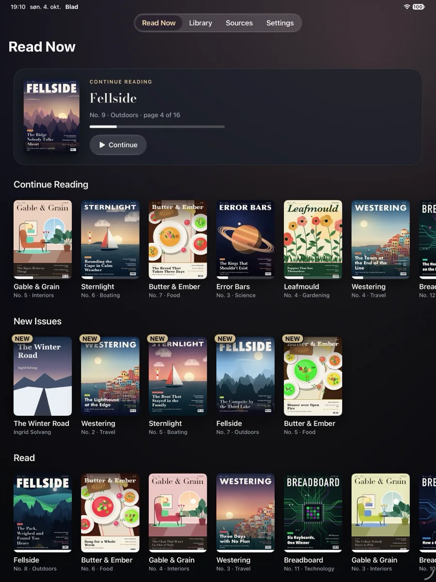 Blad on iPad: Read Now, with the magazine you are reading and shelves of covers