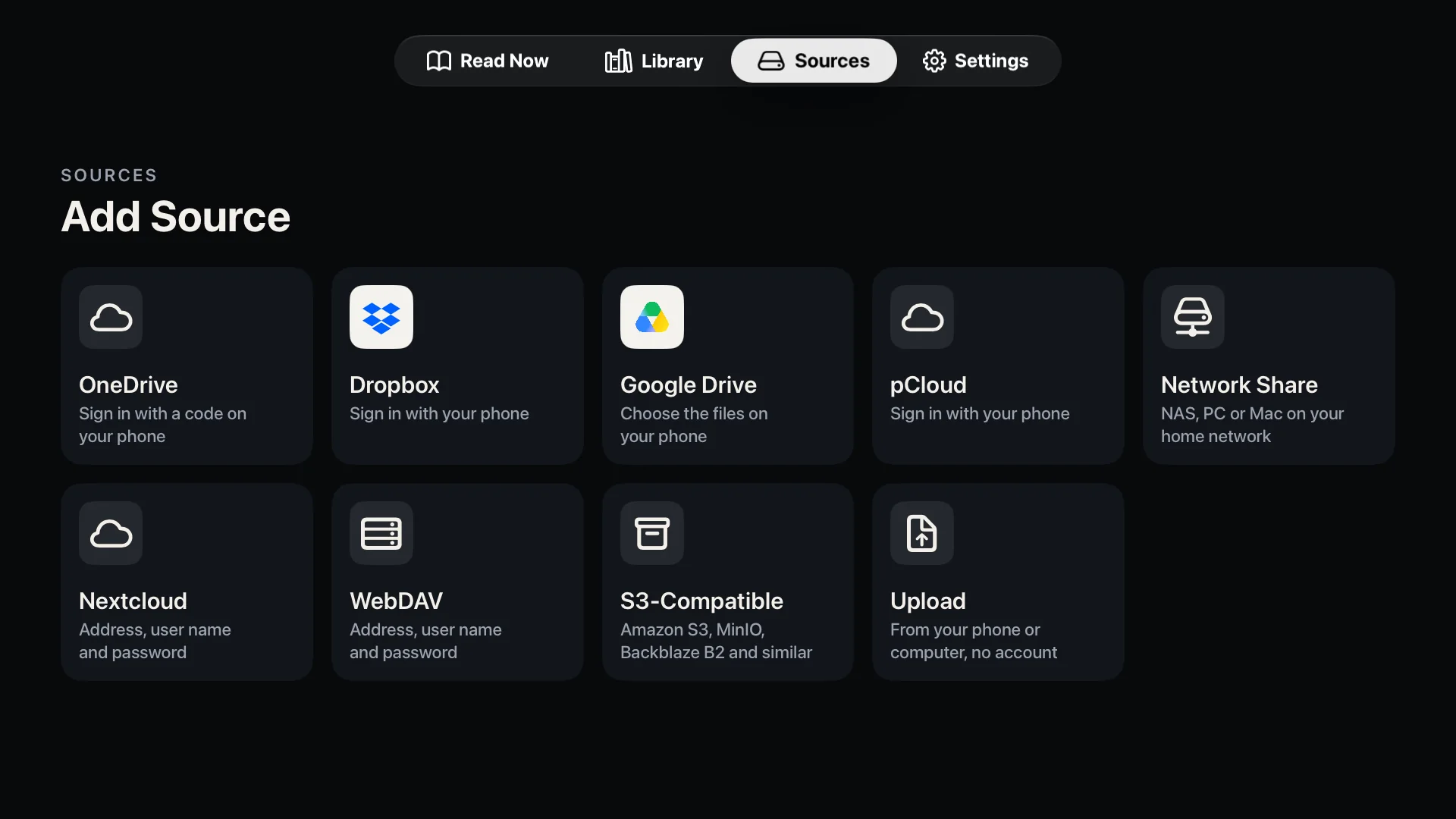 Add Source in Blad auf dem Apple TV: Kacheln für OneDrive, Dropbox, Google Drive, pCloud, Network Share, Nextcloud, WebDAV, S3-Compatible und Upload