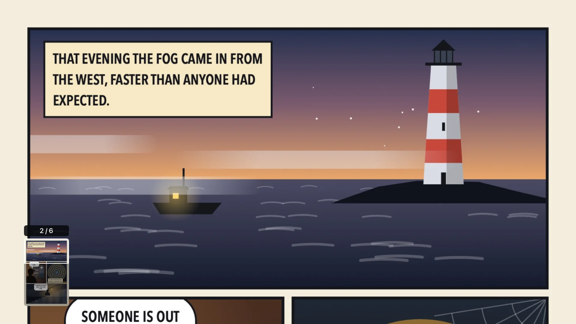 A comic page zoomed to the full width of the screen, with a small map of the page in the corner