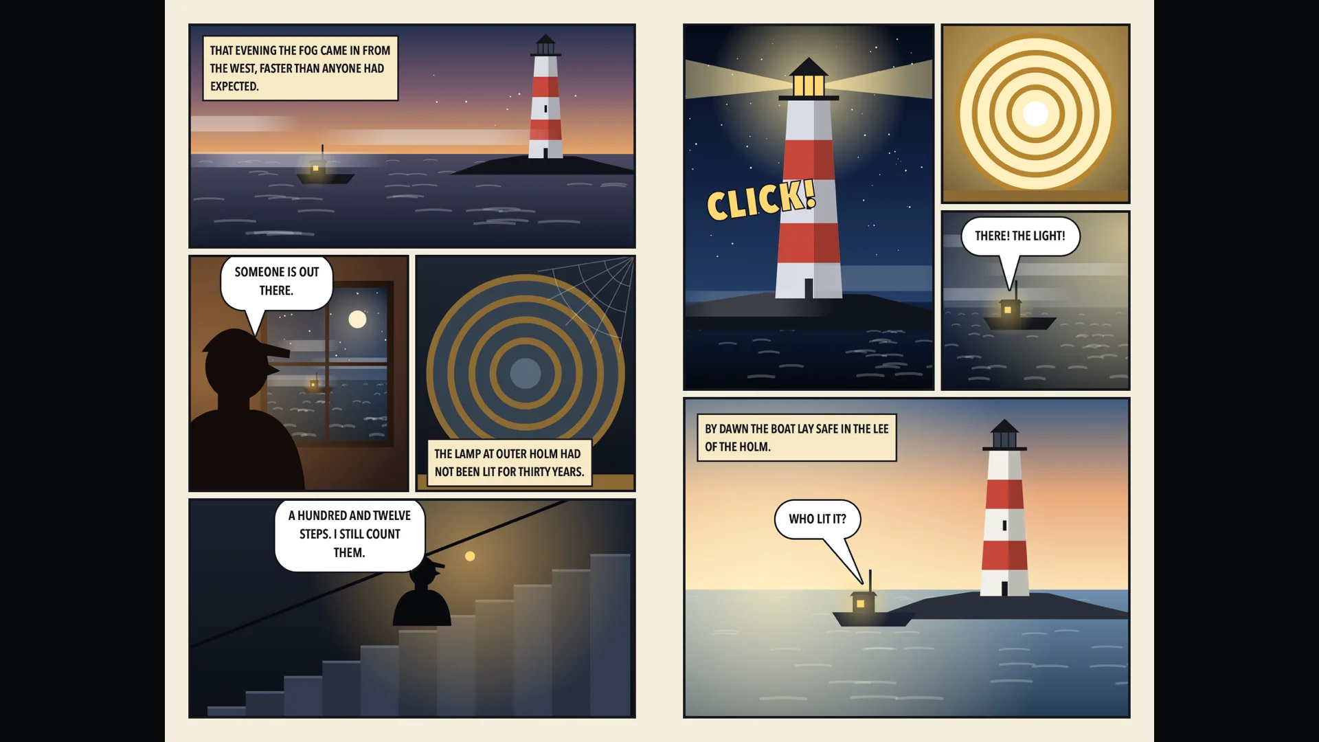 A two-page spread from a comic about a lighthouse, filling the TV screen