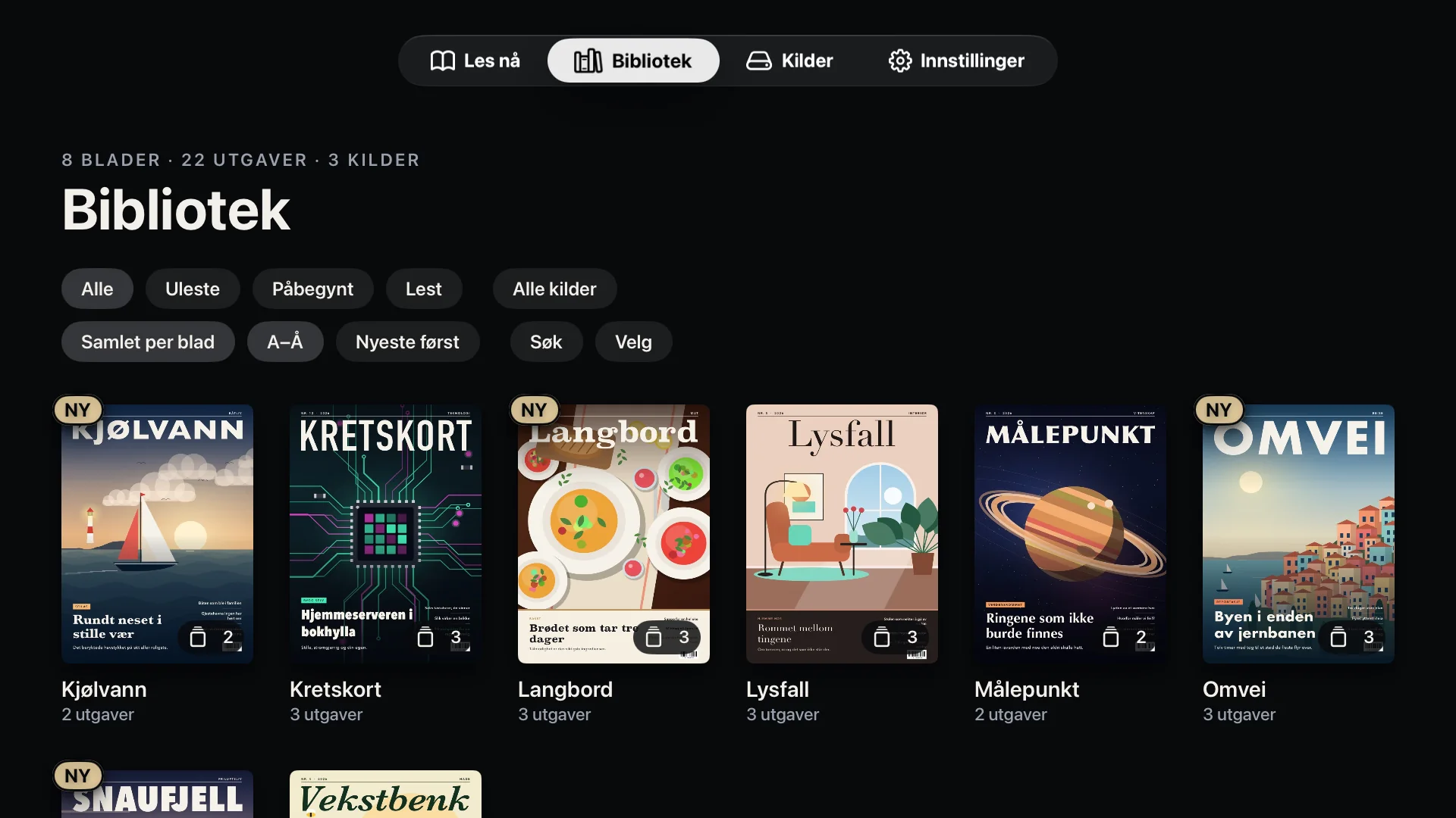 Biblioteket, med utgavene samlet per blad