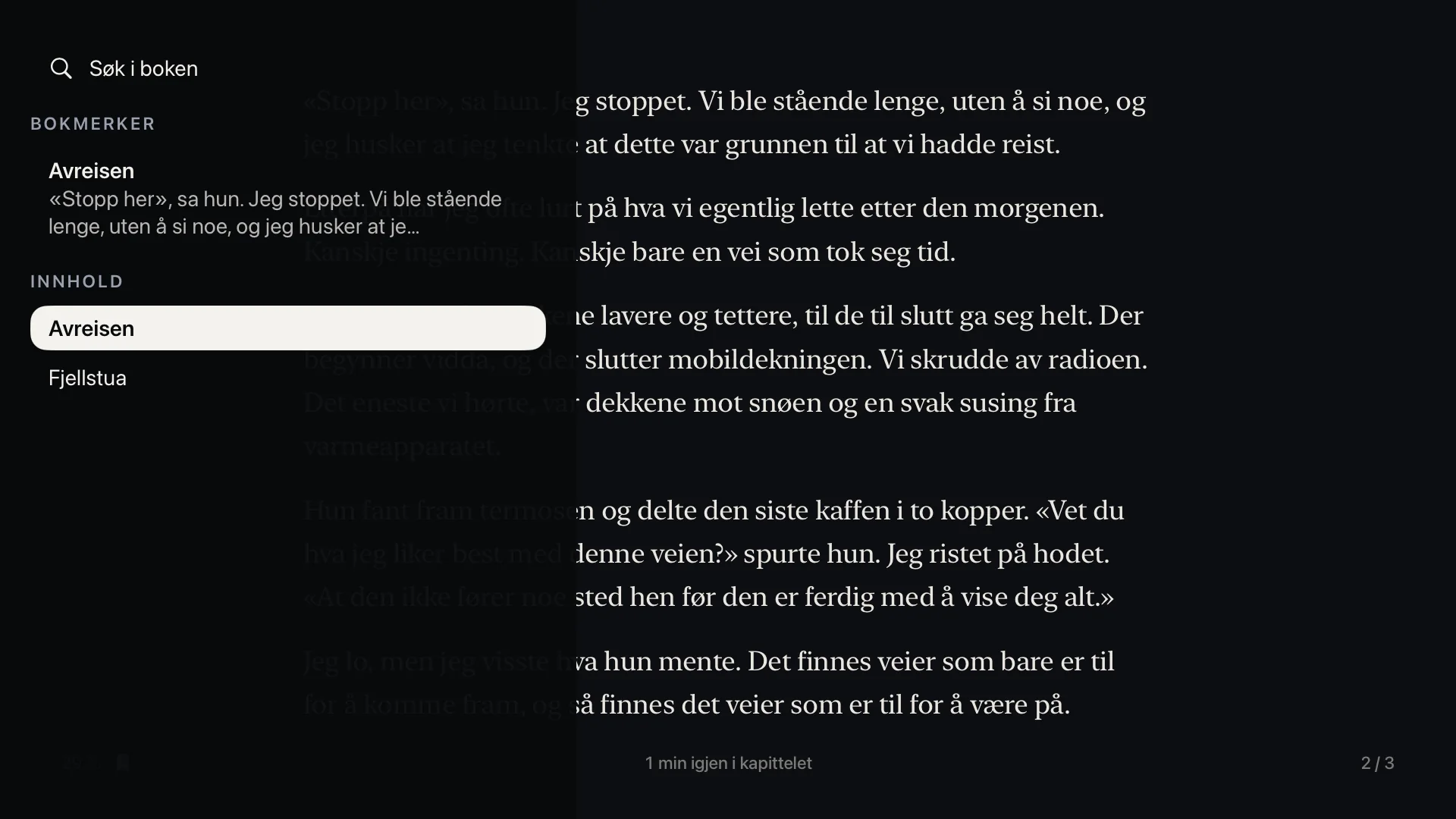Panelet i bokleseren, med Søk i boken, et bokmerke og innholdsfortegnelsen