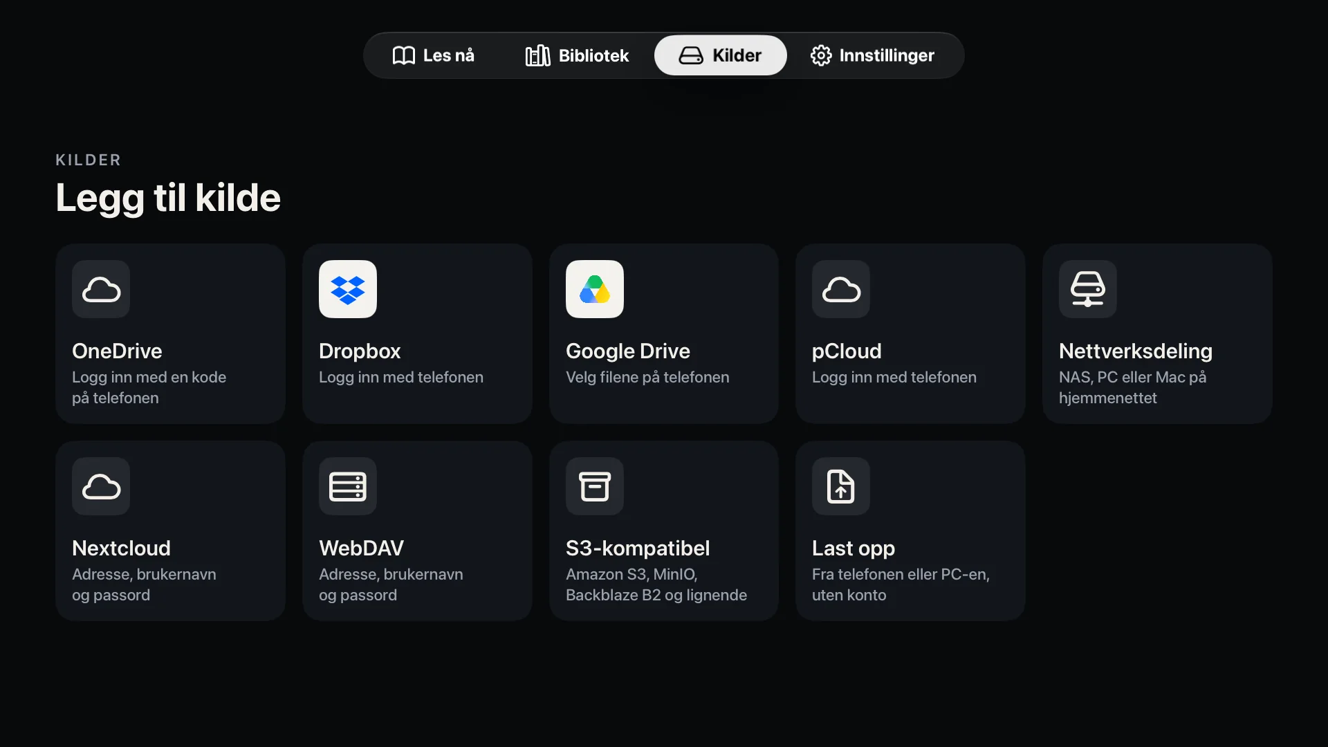 Legg til kilde i Blad på Apple TV: fliser for OneDrive, Dropbox, Google Drive, pCloud, nettverksdeling, Nextcloud, WebDAV, S3-kompatibel lagring og opplasting