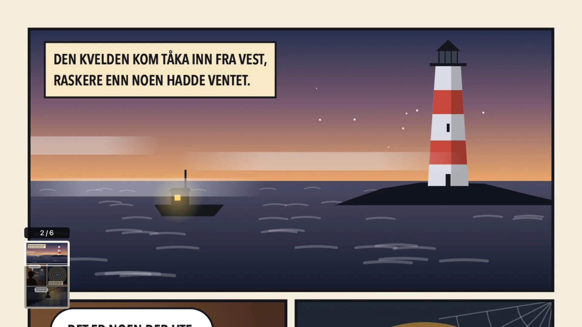 En tegneserieside zoomet til hele bredden av skjermen, med et lite kart over siden i hjørnet